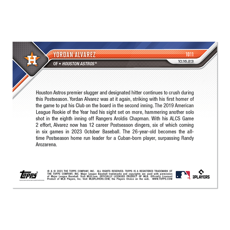 Yordan Alvarez - 2023 MLB TOPPS NOW® Card 1011