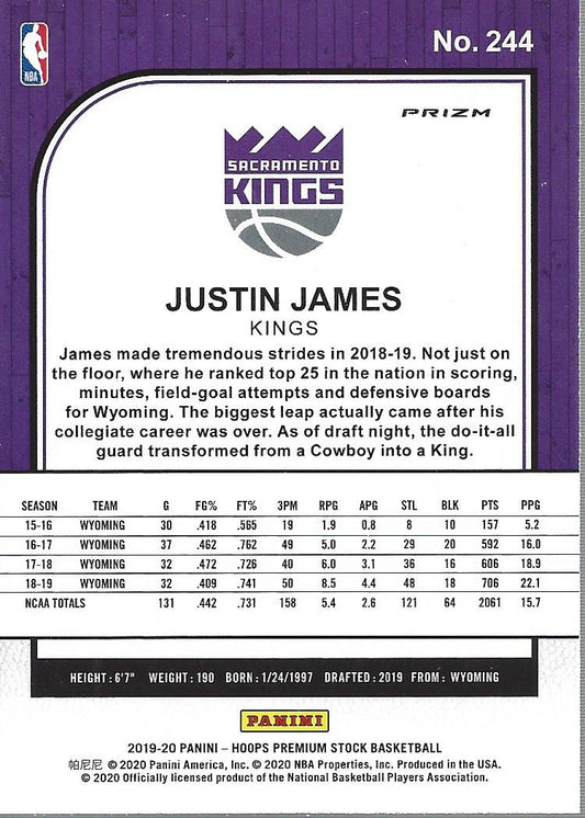 2019-20 Hoops Premium Stock Justin James Rookie Green Prizm #244 Sacramento Kings