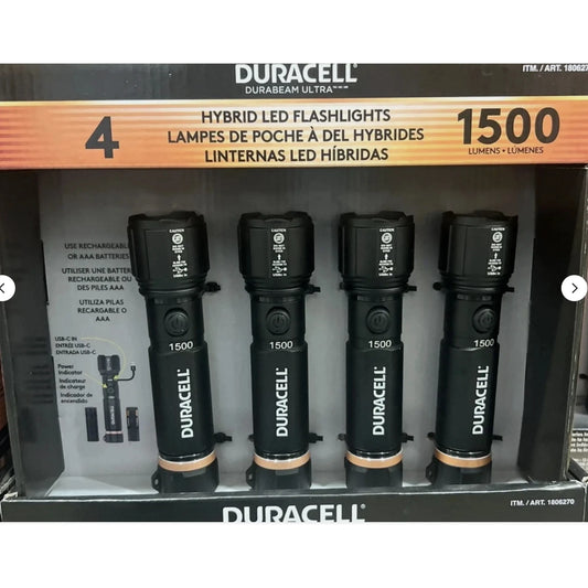 Duracell Hybrid Flashlight, 1500 Lumens, 4 ct
