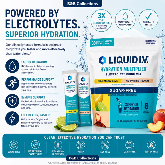 Liquid I.V. Hydration Multiplier Sugar-Free Electrolyte Drink Mix Variety Pack, Lemon Lime & White Peach, 30 On-The-Go Sticks