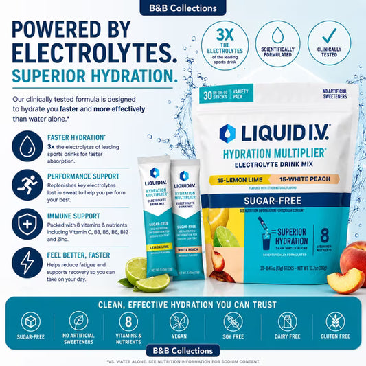 Liquid I.V. Hydration Multiplier Sugar-Free Electrolyte Drink Mix Variety Pack, Lemon Lime & White Peach, 30 On-The-Go Sticks