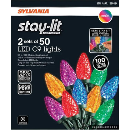 Sylvania Stay-Lit C9 Faceted LED Christmas Lights - Multicolor, 2 x 50-Count