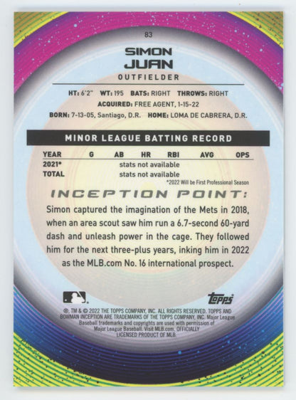 2022 Bowman Inception Simon Juan #83 New York Mets