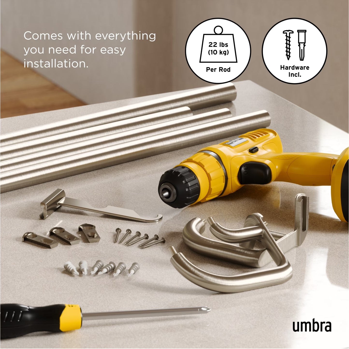 Umbra 3/4” Double Curtain Rod  66" - 144" Nickel