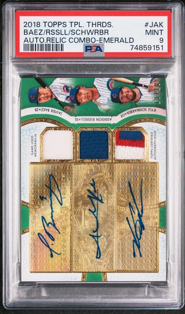 2018 Topps Triple Threads 3x Auto Relic Combo-Emerald Baez Russell Schwarber 18/18 PSA 9 Mint