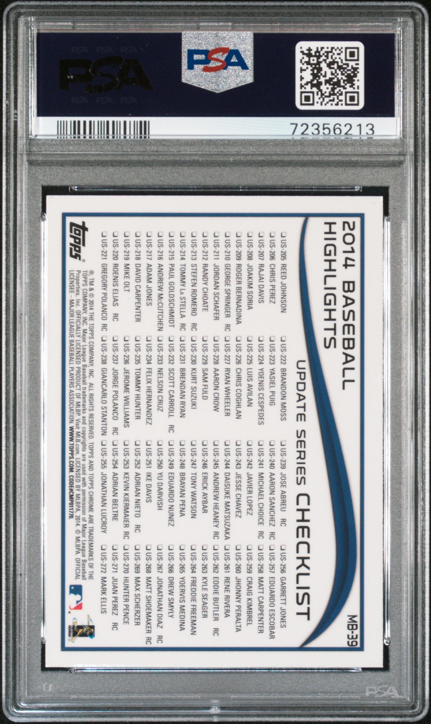 2014 TOPPS CHROME UPDATE JOSE ABREU #MB39 WHITE SOX ROOKIE RC PSA 10 GEM Mint