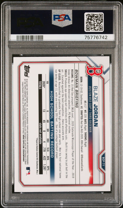Blaze Jordan 2021 Bowman Mega Box Chrome #BCP71 Boston Red Sox PSA 10 GEM Mint