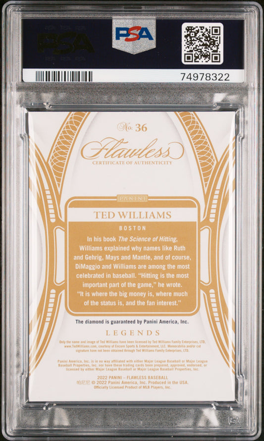 2022 Flawless Ted Williams Yellow Diamond 2/10 #36 PSA 10 GEM Mint POP 1