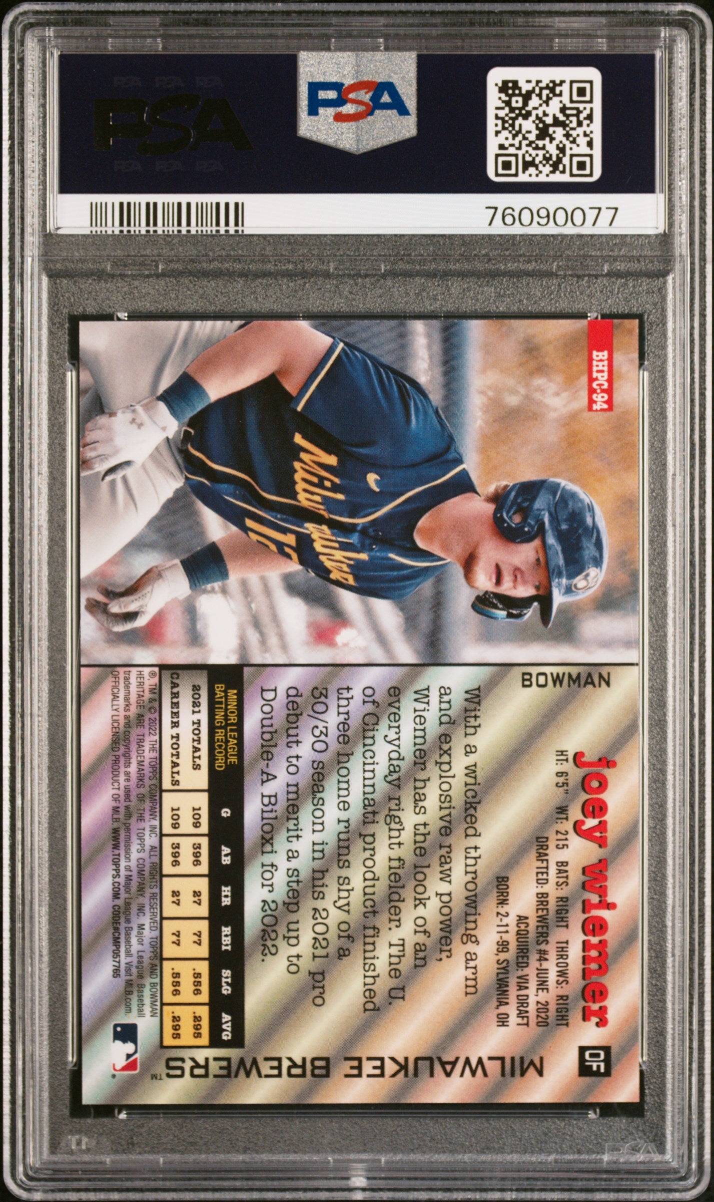 2022 Bowman Heritage Chrome Prospects Gold Lava Refractor 03/50 Joey Wiemer #94 PSA 9 Mint POP 1