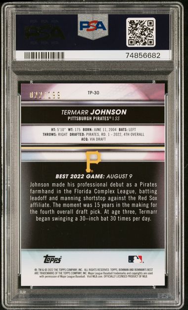 2022 Bowman’s Best Termarr Johnson #TP-30 Aqua Lava Refractor /199 Pirates PSA 8