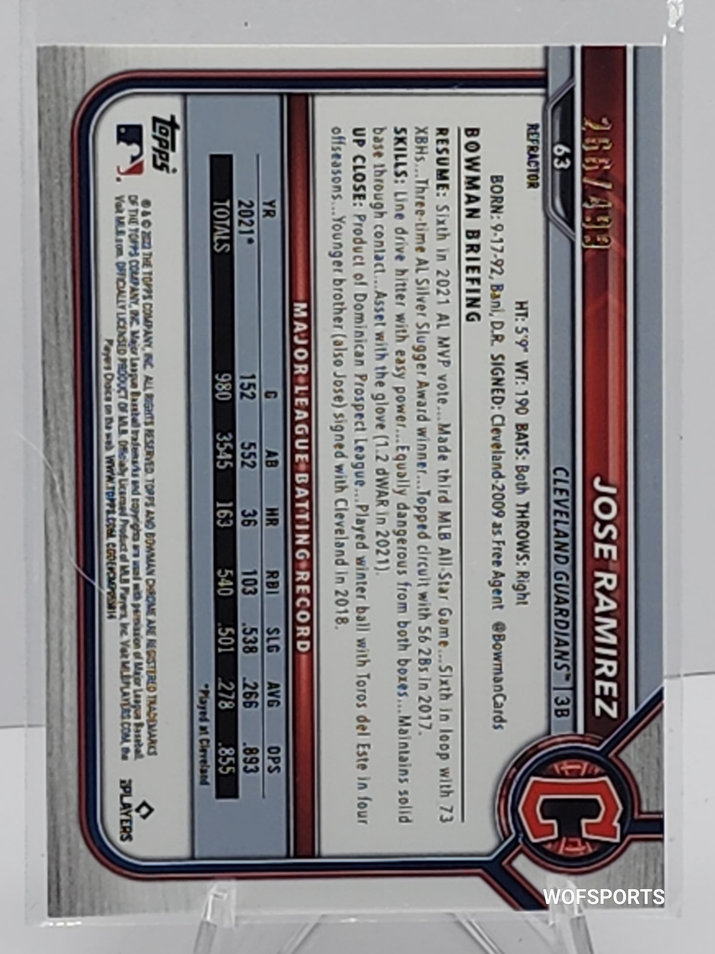 2022 Bowman Chrome 266/499 Jose Ramirez #63 Guardians