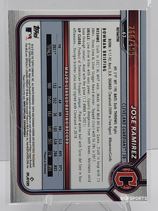 2022 Bowman Chrome 266/499 Jose Ramirez #63 Guardians