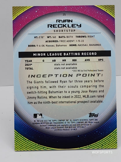 2022 Bowman Inception Gold 11/50 Ryan Reckley #35 San Francisco Giants