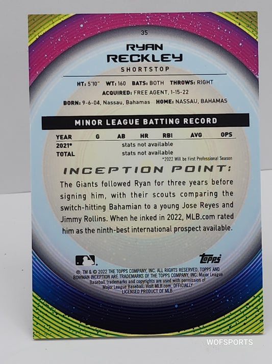 2022 Bowman Inception Gold 11/50 Ryan Reckley #35 San Francisco Giants