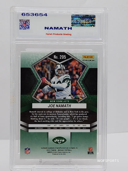 2022 Panini Mosaic Reactive Orange Joe Namath #205 New York Jets Parish 10 Gem Mint