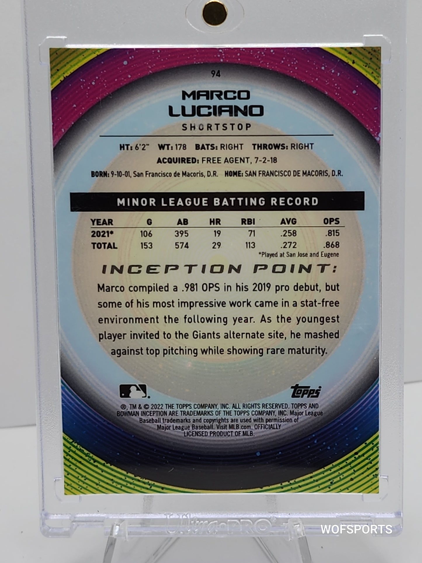 2022 Bowman Inception Blue 16/99 Marco Luciano #94 San Francisco Giants