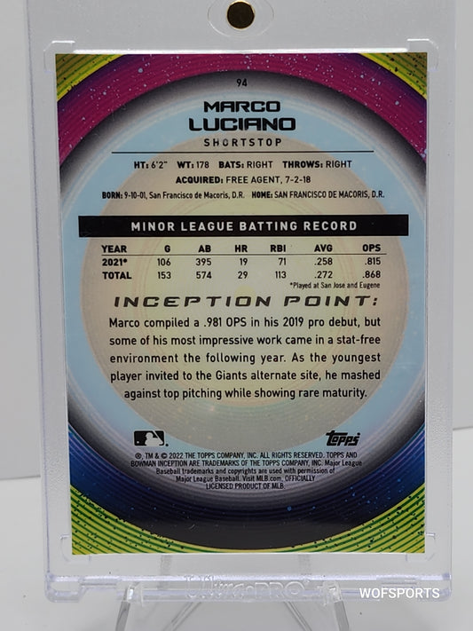 2022 Bowman Inception Blue 16/99 Marco Luciano #94 San Francisco Giants