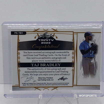 2022 Leaf Trinity Memorabilia Auto Relic /99 Taj Bradley #PA-TB1 Tampa Bay Rays
