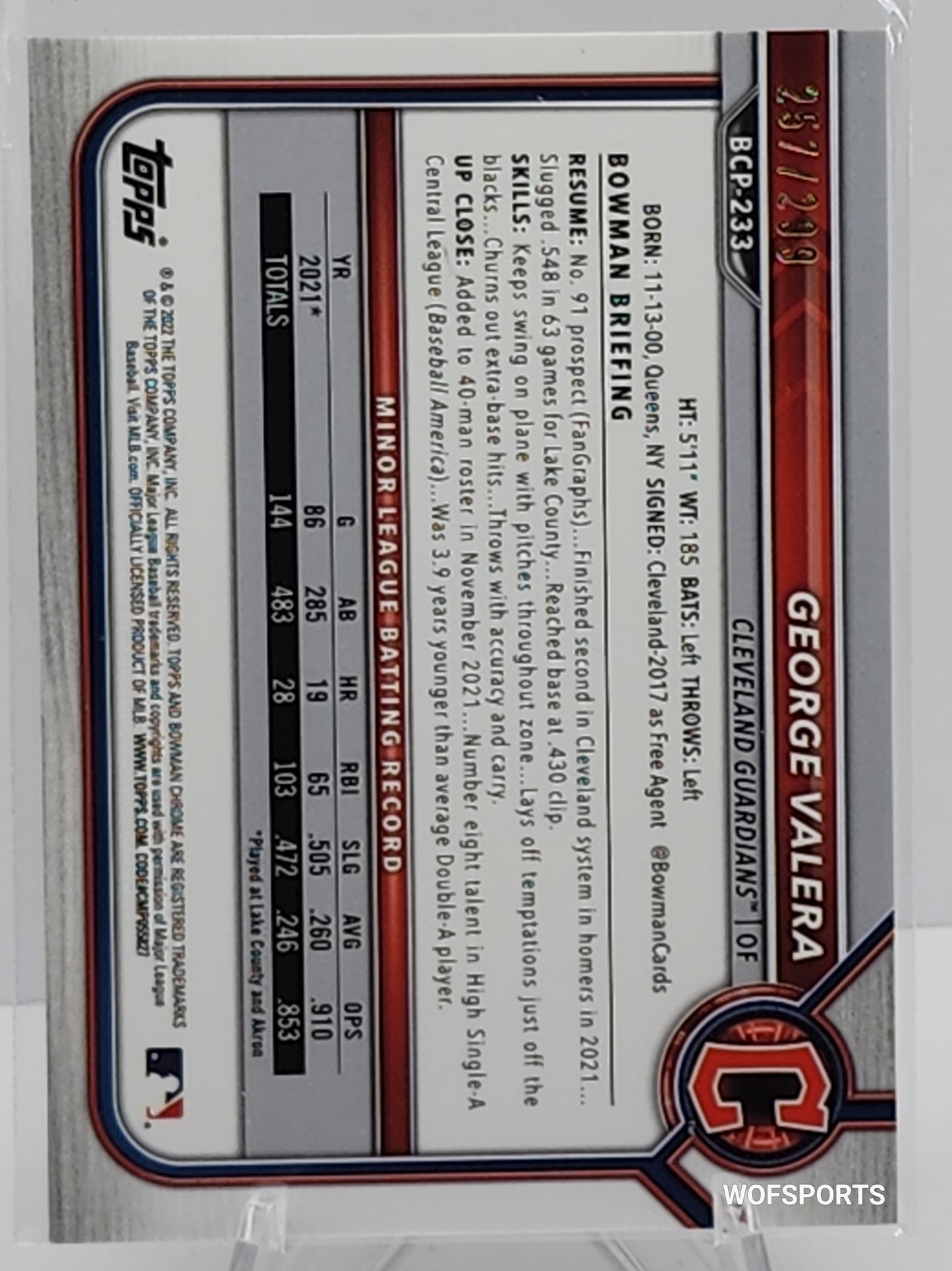 2022 Bowman Chrome Prospects Speckle Refractor 257/299 George Valera #BCP-233 Guardians