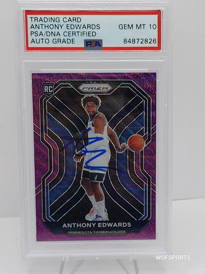 2021-22 Panini Prizm #258 Anthony Edwards Purple Wave Autographs Rookie PSA 10 Gem Mint