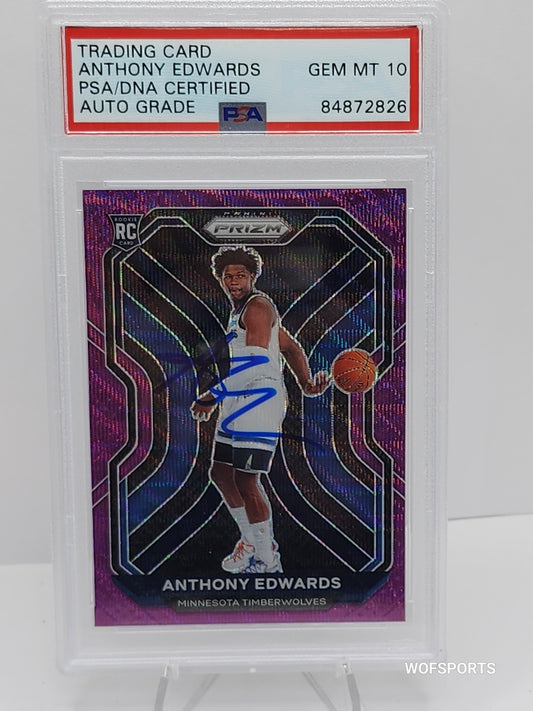 2021-22 Panini Prizm #258 Anthony Edwards Purple Wave Autographs Rookie PSA 10 Gem Mint