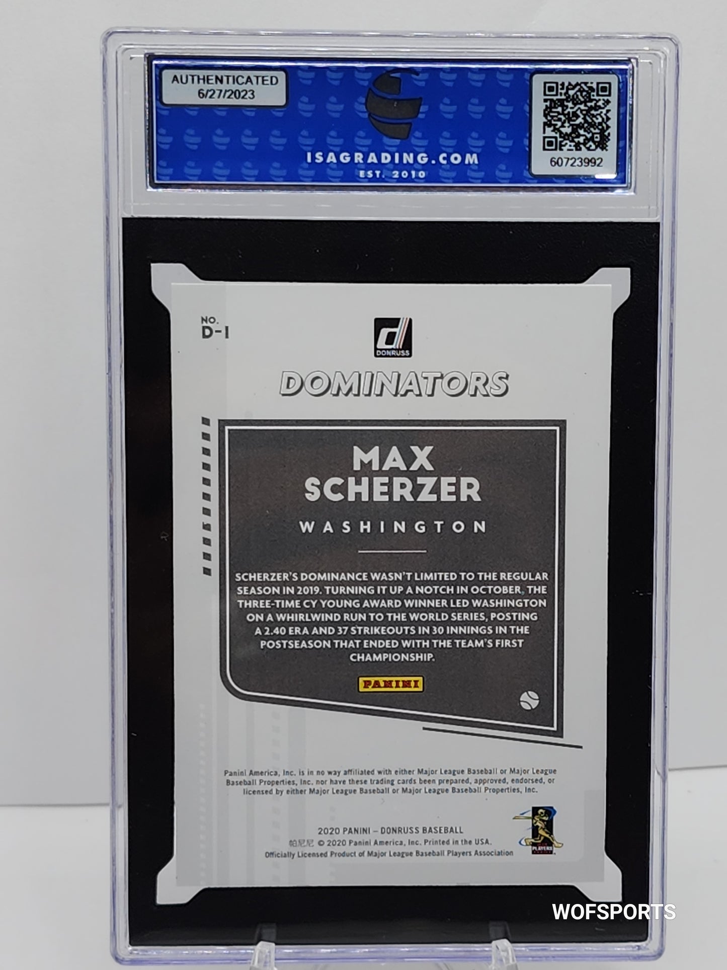 2020 Panini Donruss 104/349 Max Scherzer Dominators SILVER #D-1 Washington ISA 10 GEM Mint