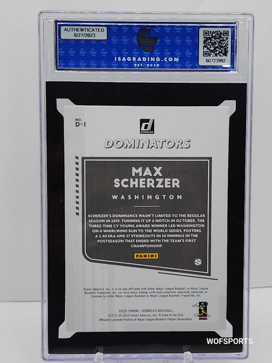 2020 Panini Donruss 104/349 Max Scherzer Dominators SILVER #D-1 Washington ISA 10 GEM Mint