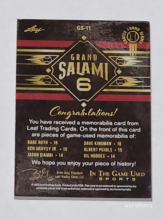 2022 Leaf In The Game Used Sports Grand Salami B Ruth / D Kingman / K Griffey Jr. / A Pujols / J Giambi / G Hodges #GS-11 #/25