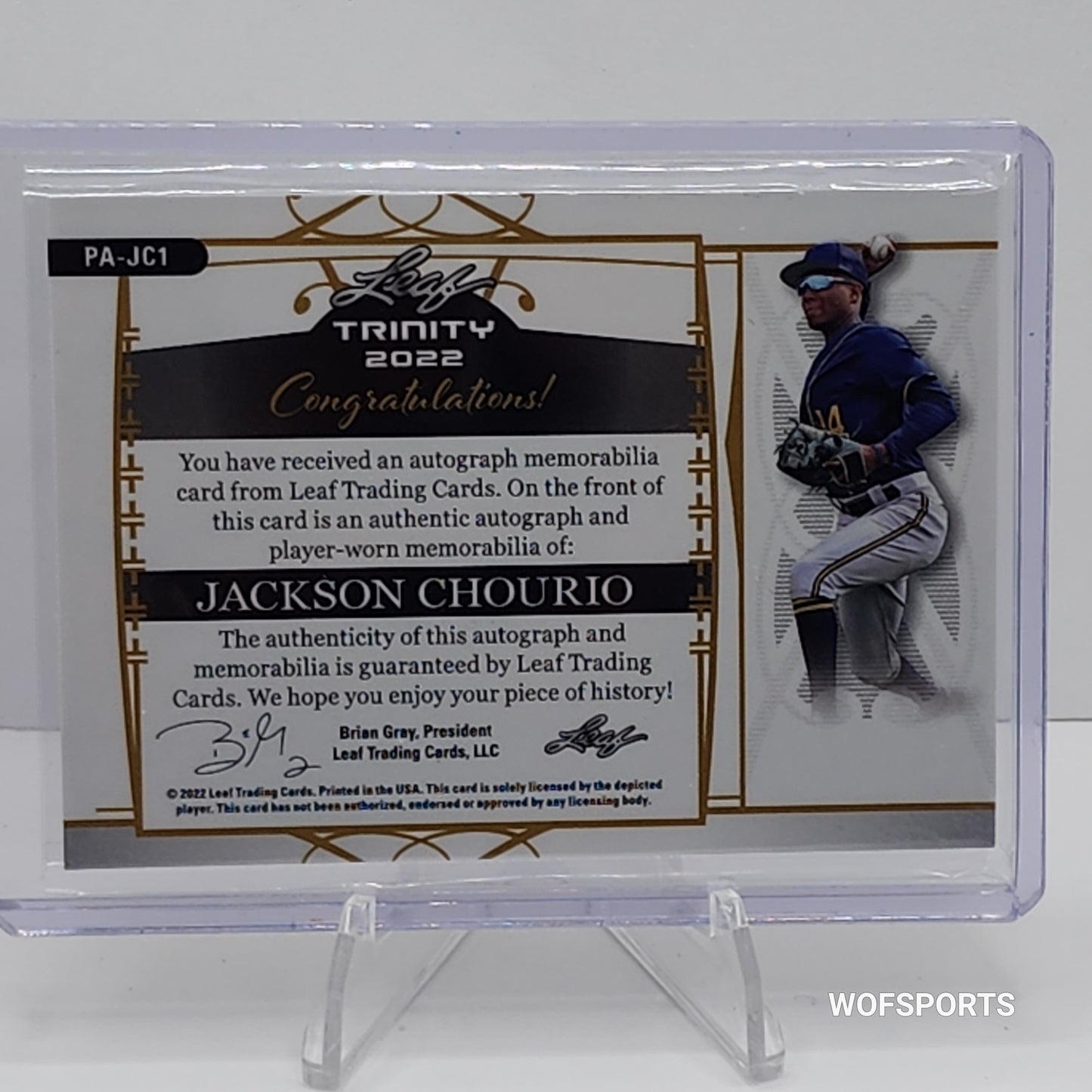 2022 Leaf Trinity Memorabilia Auto Relic 43/99 Jackson Chourio #PA-JC1 Milwaukee Brewers