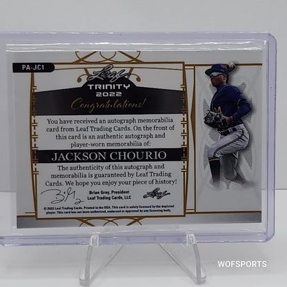 2022 Leaf Trinity Memorabilia Auto Relic 43/99 Jackson Chourio #PA-JC1 Milwaukee Brewers