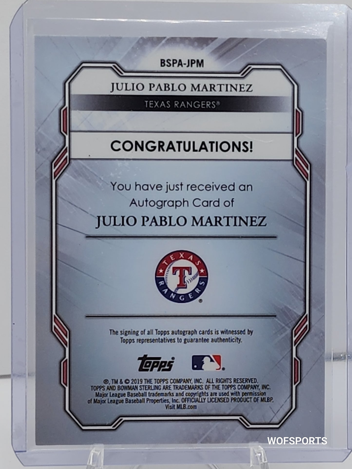 2019 Bowman Sterling Prospect Wave Refractor Auto 79/125 Julio Pablo Martinez #BSPA-JPM Texas Rangers