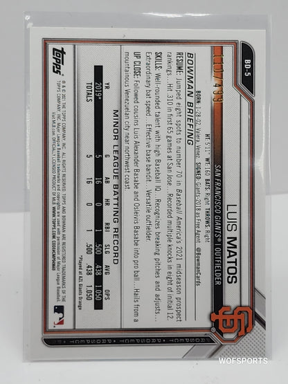 2021 Bowman Draft Aqua 110/499 Luis Matos #BD-5 San Francisco Giants