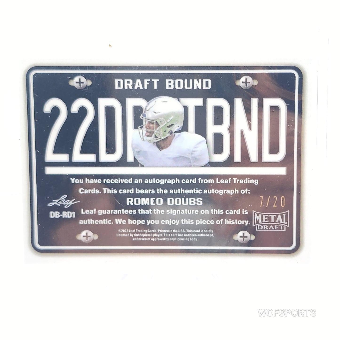 2022 Leaf Metal Romeo Doubs Purple Shimmer Draft Bound Auto 7/20 Rookie Card