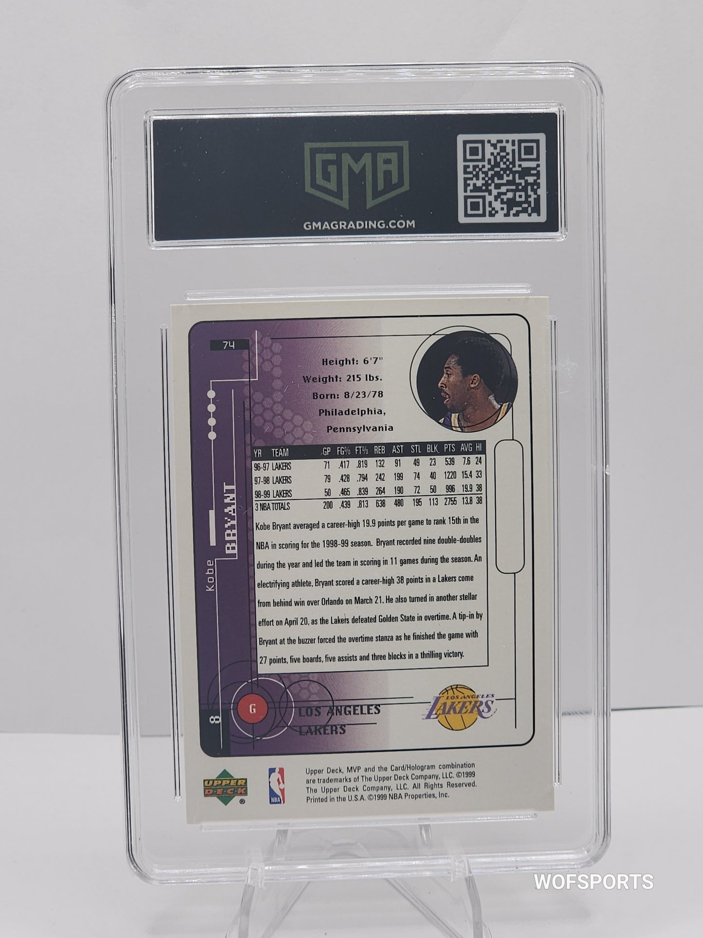 1999 Upper Deck MVP Kobe Bryant #74 Los Angeles Lakers