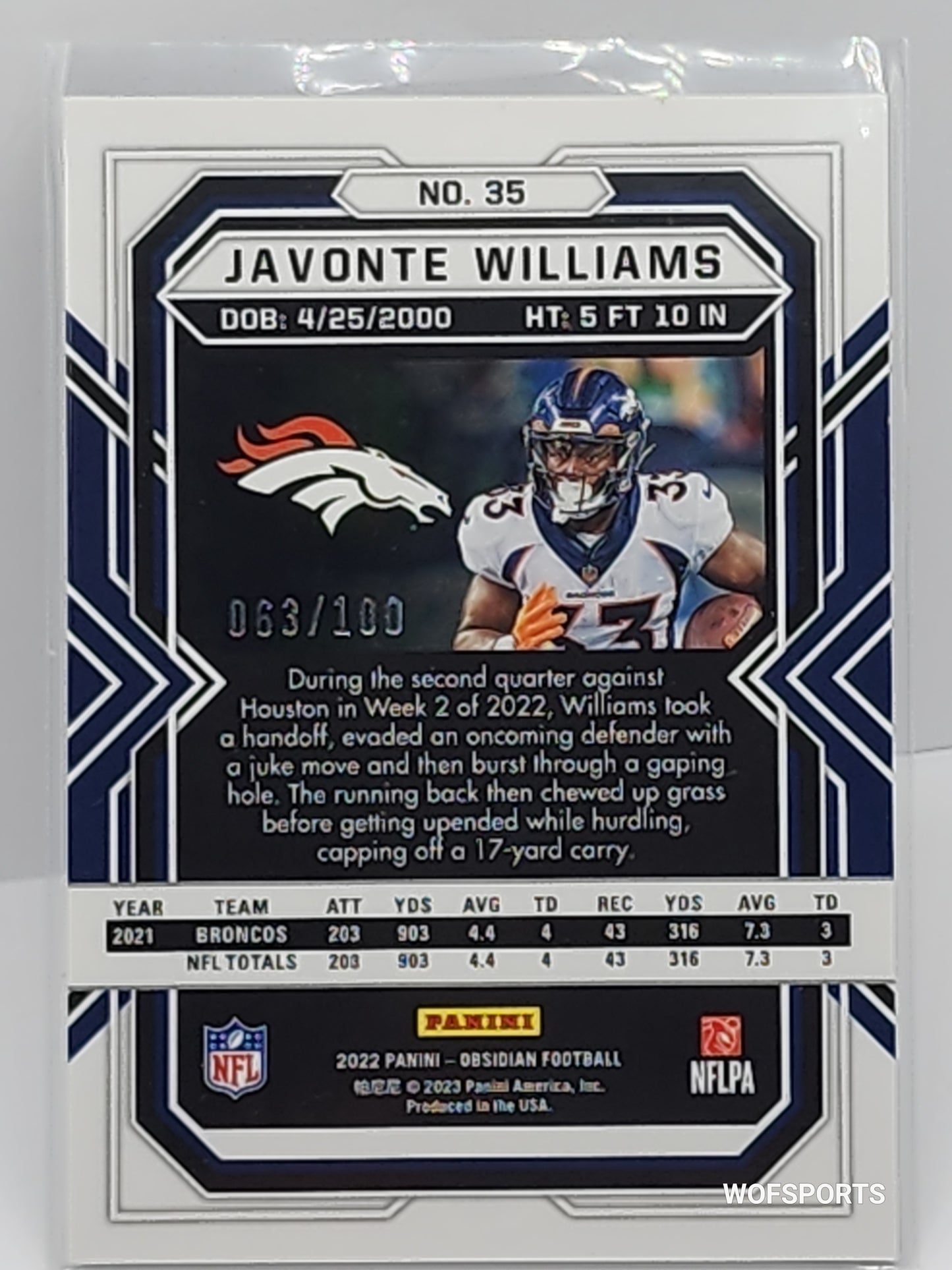 2022 Panini Obsidian Electric Etch Purple 63/100 Javonte Williams #35