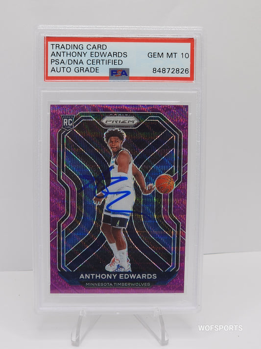 2021-22 Panini Prizm #258 Anthony Edwards Purple Wave Autographs Rookie PSA 10 Gem Mint