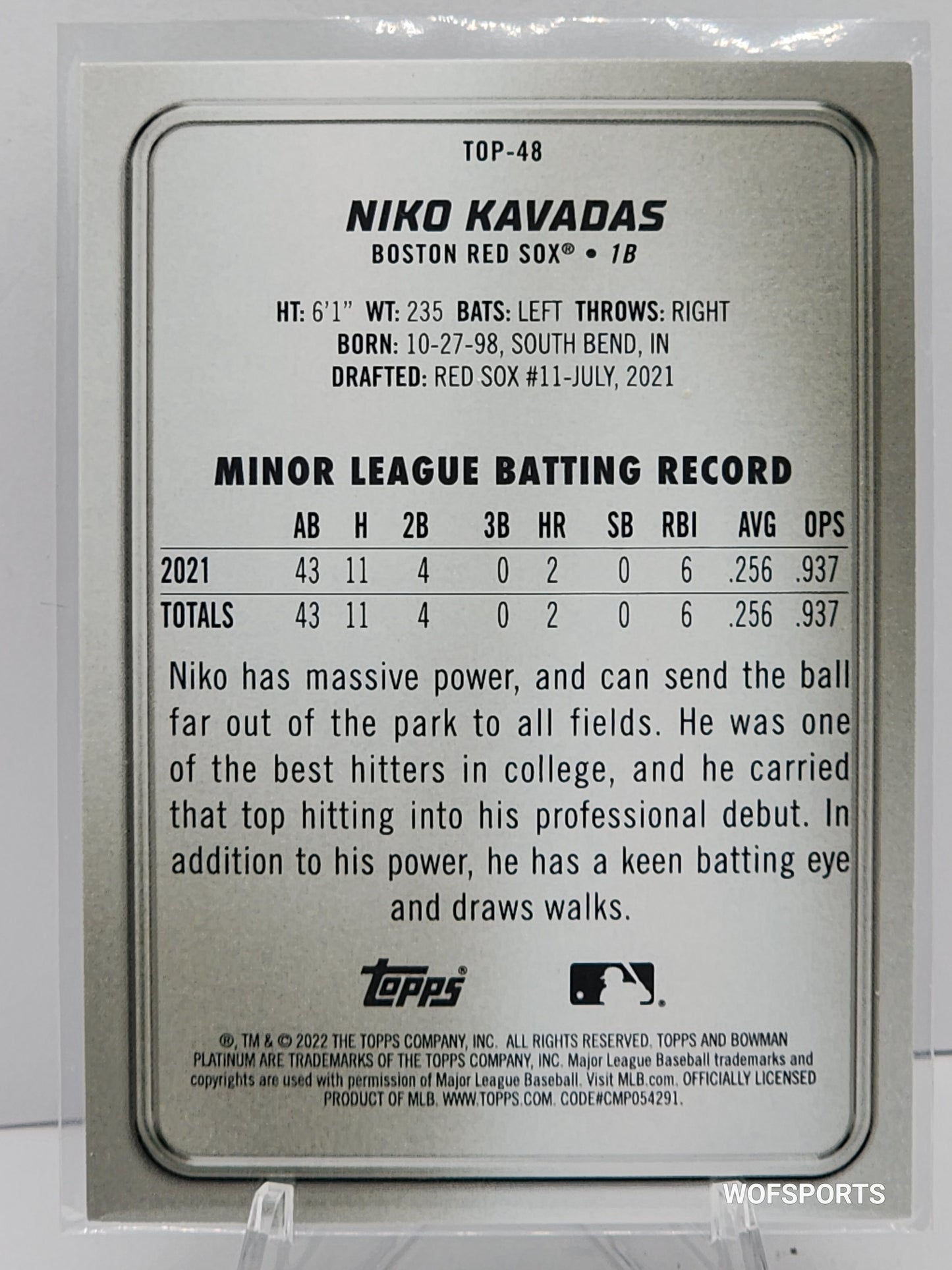 2022 Bowman Platinum Top Prospects Aqua Ice Foilboard 2/250 Niko Kavadas #TOP-48 Boston Red Sox
