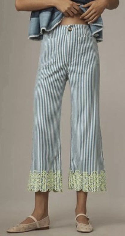 Anthropologie Maeve The Colette Cropped Wide-Leg Pants Embroidered Linen Sz 00