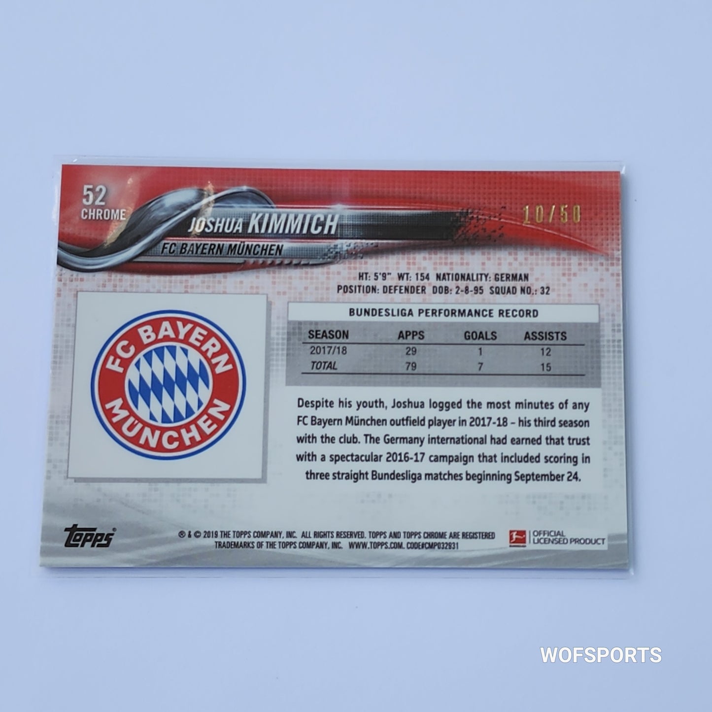 2018-19 Topps Chrome Bundesliga Gold 10/50 Joshua Kimmich #52