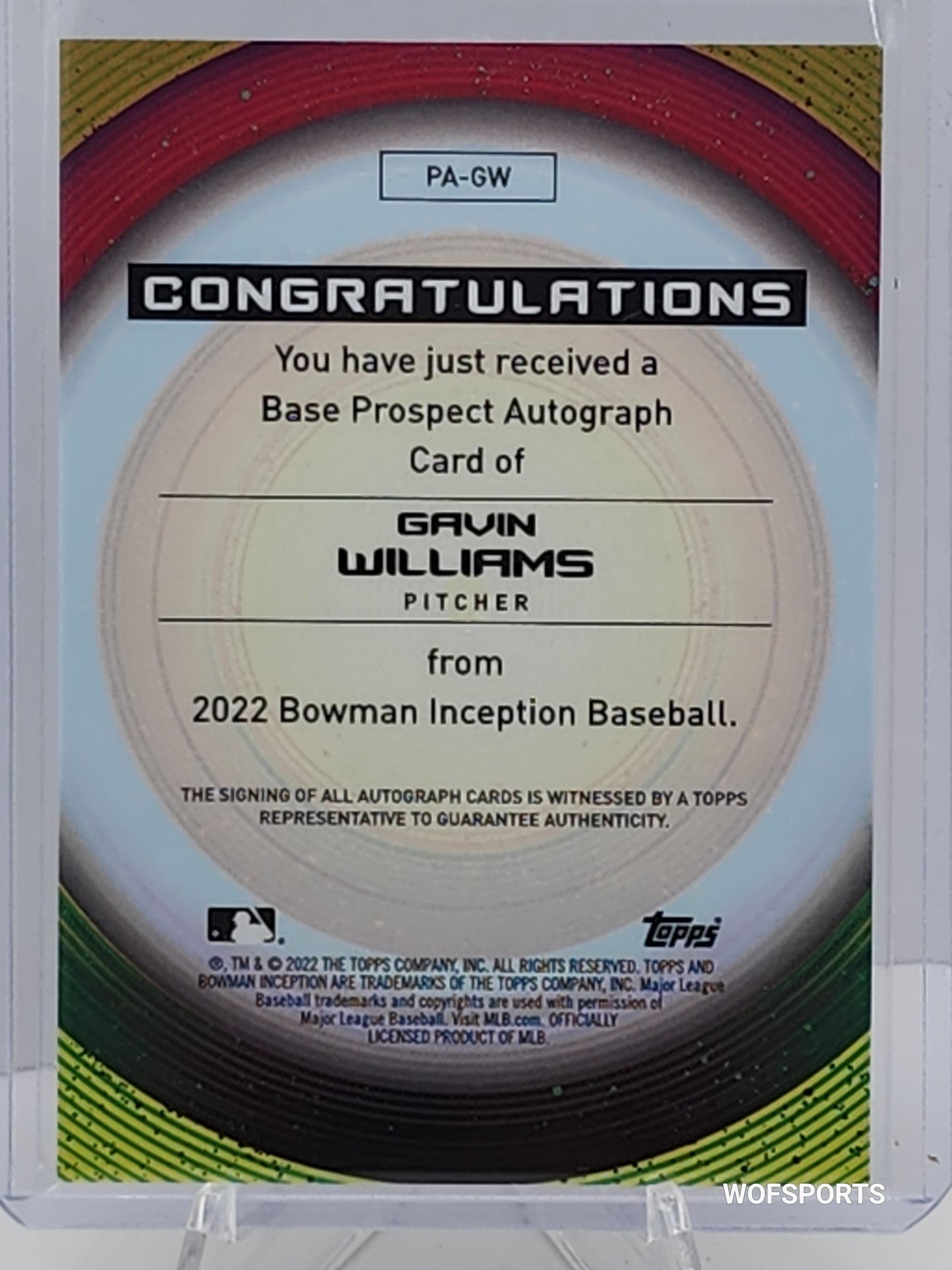 2022 Bowman Inception Auto 73/99 Gavin Williams #PA-GW Cleveland Indians