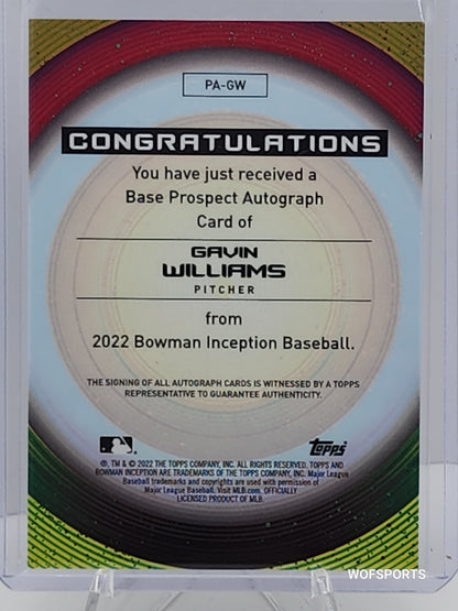2022 Bowman Inception Auto 73/99 Gavin Williams #PA-GW Cleveland Indians