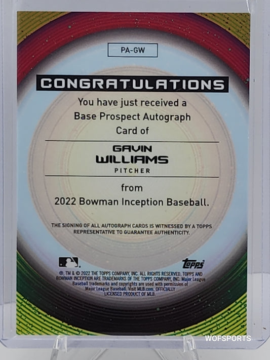 2022 Bowman Inception Auto 73/99 Gavin Williams #PA-GW Cleveland Indians