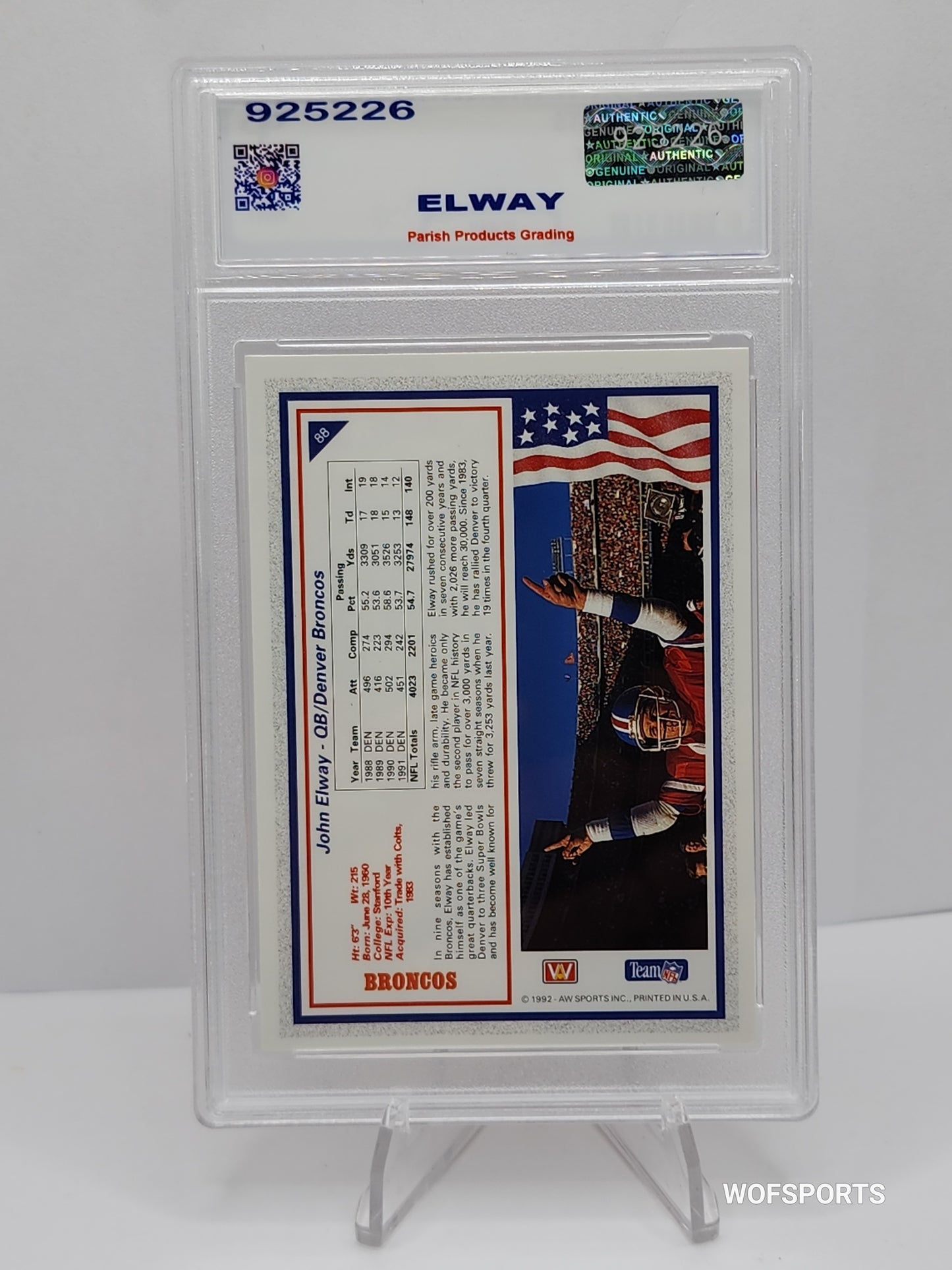 1992 AW Sports John Elway #88 New England Patriots Parish 9 Mint