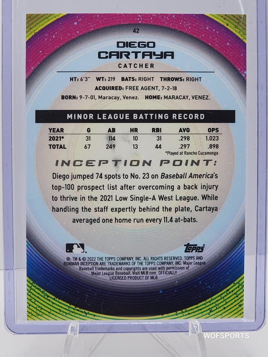 2022 Bowman Inception Orange 25/25 Diego Cartaya #42 Los Angeles Dodgers
