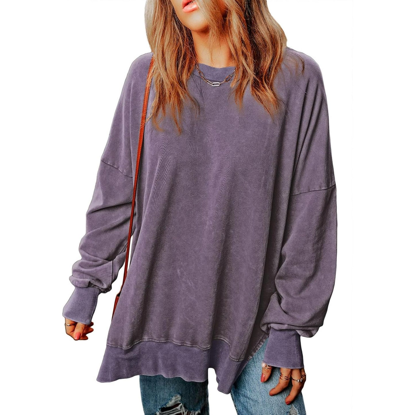 SHEWIN Women's Casual Long Sleeve Crewneck Lightweight Pullover Sweatshirt
