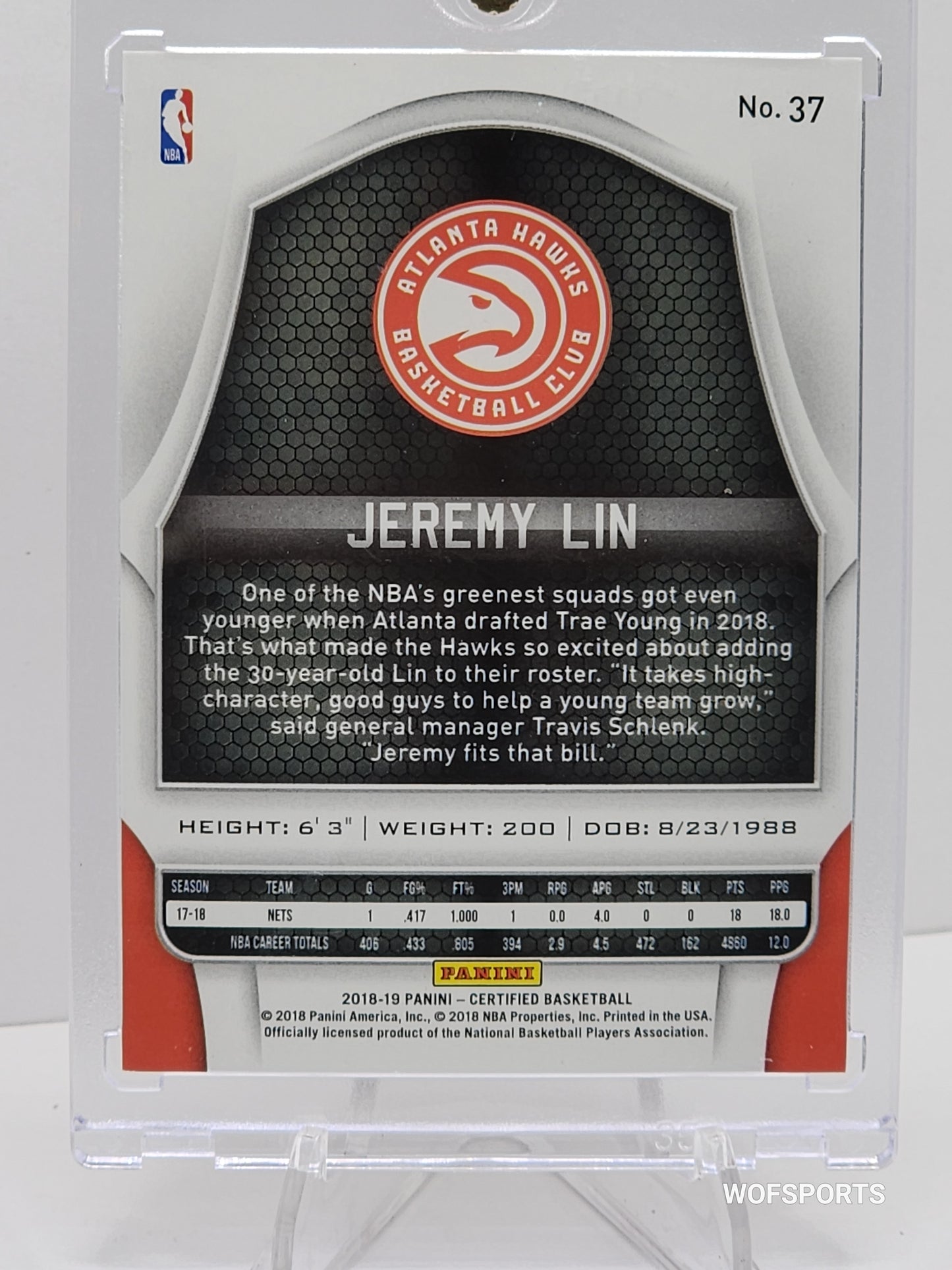 2018 Panini Certified Purple /49 Jeremy Lin #37 Atlanta Hawks