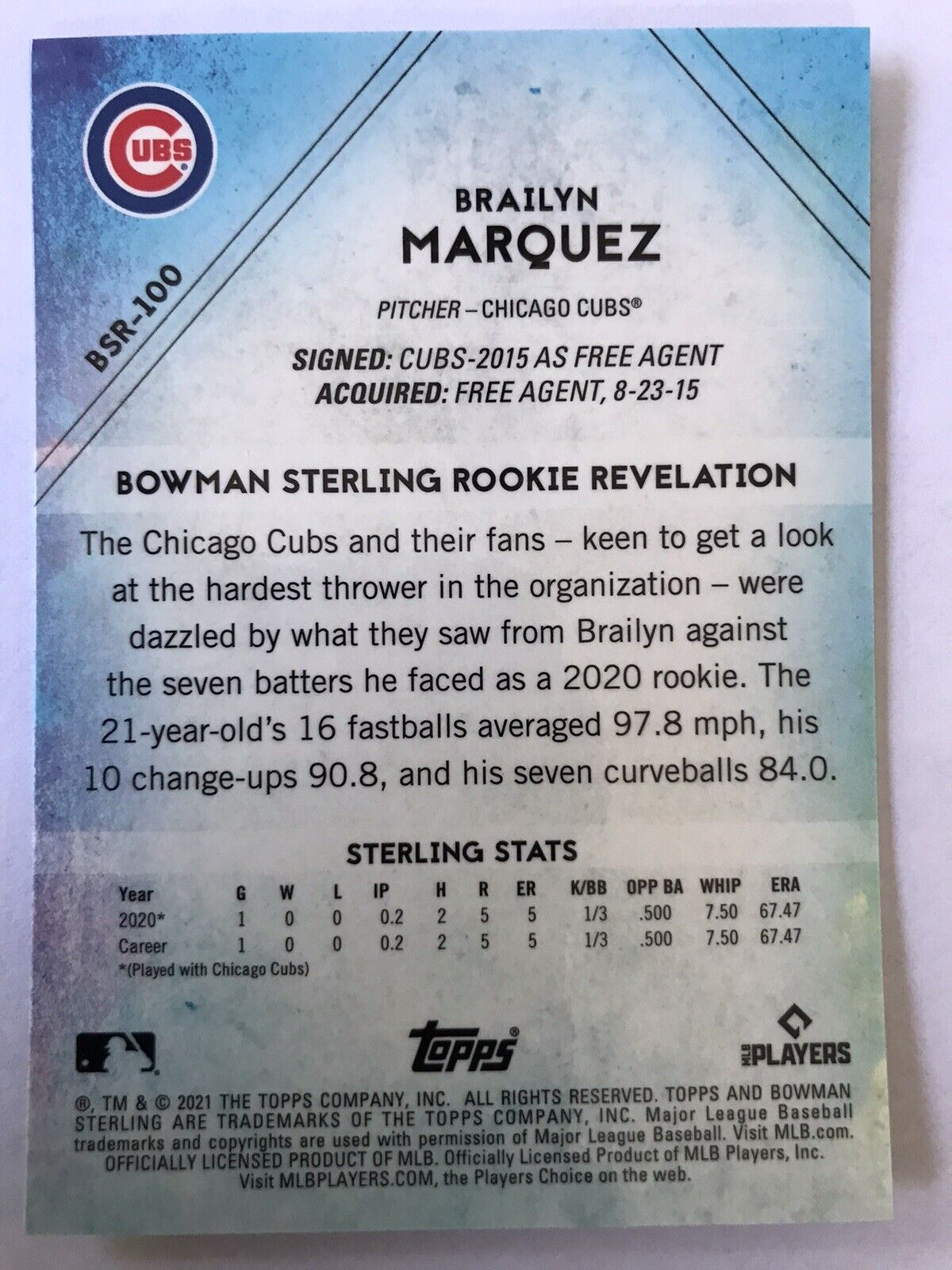 2021 Topps Bowman Sterling Brailyn Marquez Rookie #BSR-100 Chicago Cubs