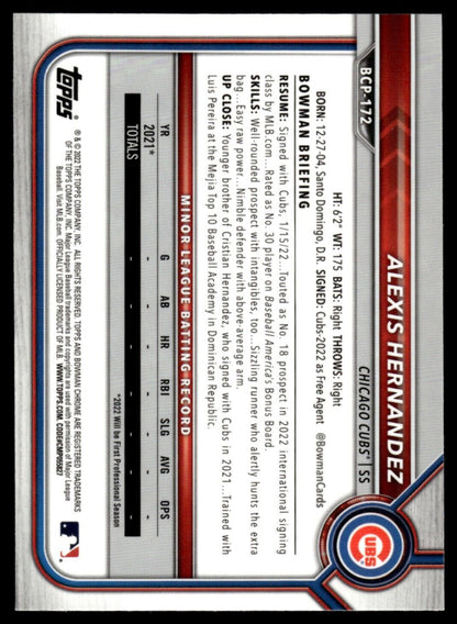 2022 Bowman Chrome Prospects #BCP-172 Alexis Hernandez Chicago Cubs