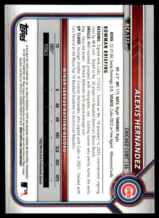 2022 Bowman Chrome Prospects #BCP-172 Alexis Hernandez Chicago Cubs