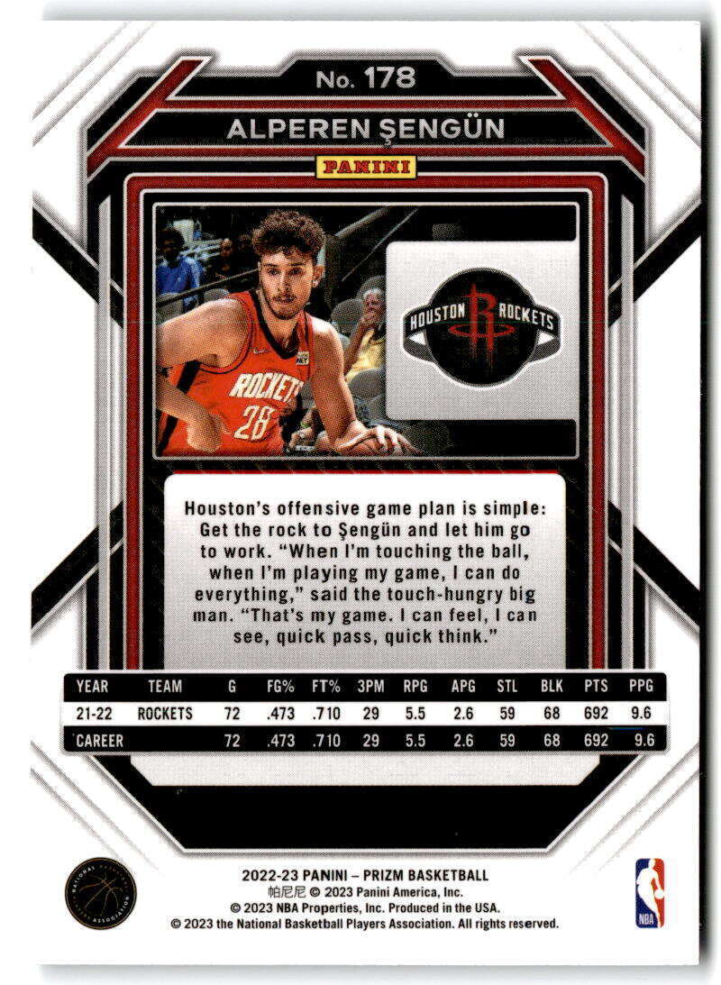 2022-23 Panini Prizm Alperen Sengun Base #178 Houston Rockets - walk-of-famesports